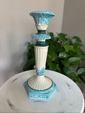 Vintage Turquoise and Cream Ceramic Majolica Candle Holder